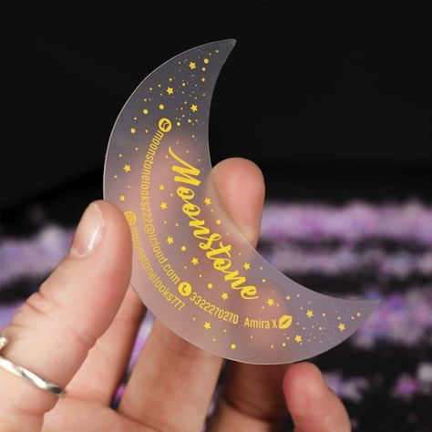 Custom moon-shaped business cards - unique, plastic, & perfect for jewelry businesses! #businesscards #jewelrybusiness . #Ethereal_Business_Cards #Nail_Artist_Business_Cards #Textured_Business_Cards #Business_Card_Sticker Unconventional Business Cards, Moon Business Names, Nail Artist Business Cards, Unique Visiting Card Ideas, Cute Business Cards Design, Business Card Ideas Design, Weird Business Cards, Cricut Business Cards, Unique Business Cards Creative