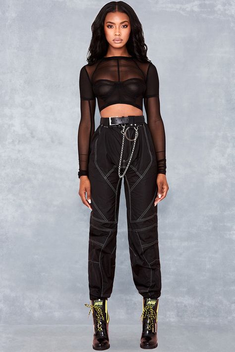 'Wait Up' Black Mesh Long Sleeves Bodice - Mistress Rock Night Out Outfit Black, Top Cargo Pants, Black Cargos, Girls Night Out Outfits, Cargo Pants Outfit, Bodice Top, Black Cargo Pants, Night Out Outfit, Mesh Long Sleeve