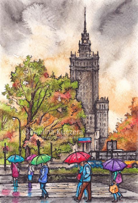 Rainy Warsaw Ink & watercolor pencils illustration Street Pencil Drawing, City Drawing Watercolor, Autumn Drawing Pencil, Urban Sketching Reference Photos, Poland Drawing, Autumn Umbrella, Rainy Day Drawing, Urban Drawing, Town Drawing