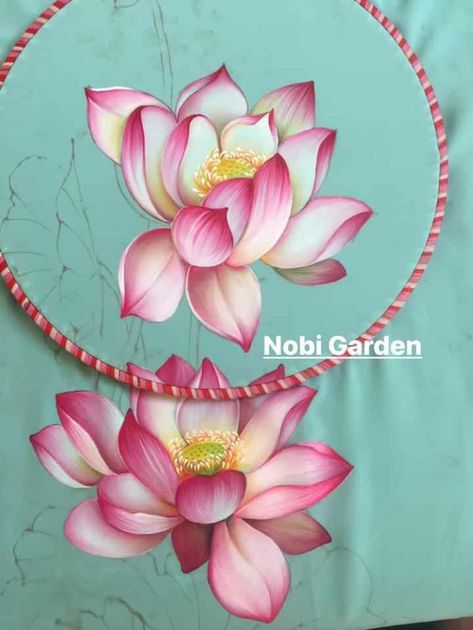 Lotus Fabric Painting, Lotus Painting On Fabric, Fabric Colour Painting, Lotus Flower Painting, Saree Painting Designs, Mughal Art Paintings, Painting Flowers Tutorial, Lotus Flower Art, Lotus Painting