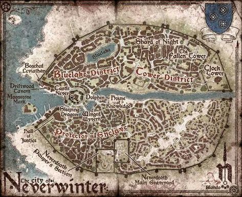 Neverwinter by Jared Blando. Publié dans le Sword Coast Adventurer’s Guide de D&D 5. Dungeons And Dragons Books, Fantasy City Map, Fantasy World Map, Rpg Ideas, Amazing Maps, Tabletop Rpg Maps, Dnd 5e Homebrew, Rpg Map, Forgotten Realms