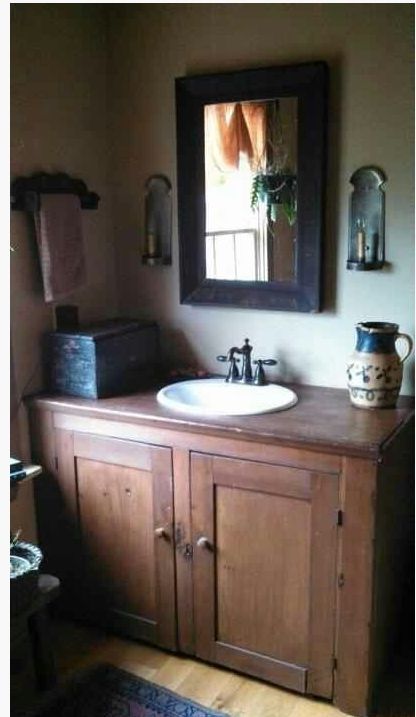 Bath upgrade Primitive Bathroom Ideas, Bathroom Vintage Style, Primitive Bathroom Decor, Bathroom Country, Colonial Interiors, American Bathroom, Primitive Bathroom, Primitive Bathrooms, Bathroom Vintage