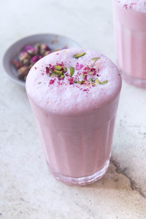 Rose Lassi - The Whisk Addict South Indian Tomato Chutney, Rose Lassi, Sweet Lassi, Raspberry Breakfast, Tomato Chutney Recipe, Rose Syrup, Indian Drinks, Thick Yogurt, Indian Diet