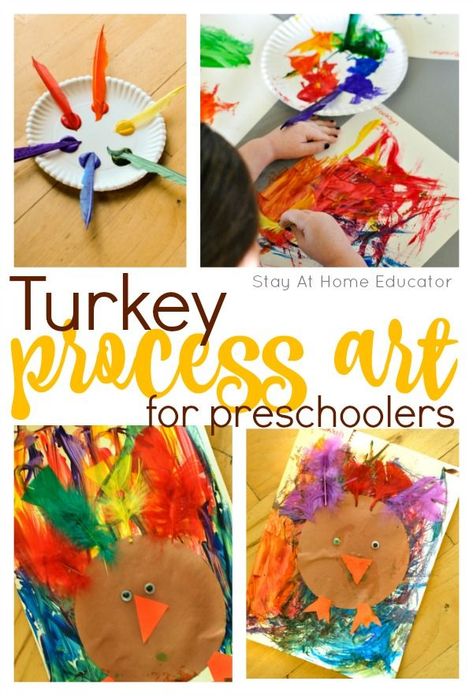 Turkey Process Art for Preschoolers - This process art activity uses paint and feathers to make a turkey craft, perfect Thanksgiving activity for the kids! Process Art For Preschoolers, Thanksgiving Preschool Theme, Art For Preschoolers, Thanksgiving Lesson Plans, Colorful Turkey, Thanksgiving Activities Preschool, Thanksgiving Lessons, Thanksgiving Crafts Preschool, Thanksgiving School