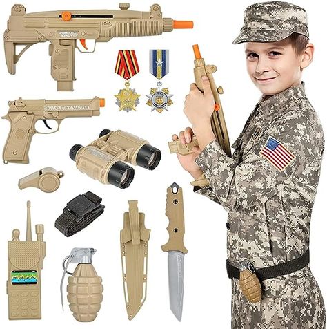 Deluxe Christmas Gift for Kids Boys Aged 3-12 COMPLETE KIDS ARMY SOLDIER COSTUME SET - GIFTINBOX Soldier dress-up role play set includes 1 camouflage uniform, 1 camouflage pants, 1 hat, 1 belt, 1 plastic dagger, 1 pair of binoculars, 1 walkie-talkie, 1 whistle, 1 plastic grenade, and 2 medals. PERFECT HALLOWEEN GIFT FOR KIDS AGED 3-12 Army Soldier Costume, Kids Army Costume, Army Costume, Fancy Dress Competition, Kids Army, Camouflage Uniform, Army Dress, Pretend Play Costumes, Soldier Costume