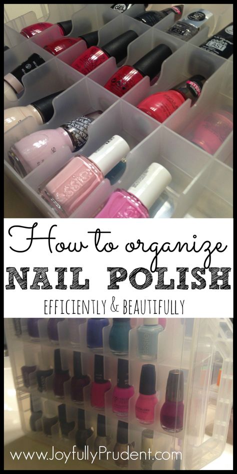 How to organize nail polish. Organized nail polishes in a neat plastic container that's visible and easy to access. Joyfully Prudent Blog Nail Storage Ideas, Organize Nail Polish, Nail Supplies Organization, Nail Polish Dry Faster, Nail Organization, Cheap Nail Polish, Nail Polish Holder, Organisation Ideas, Polish Display