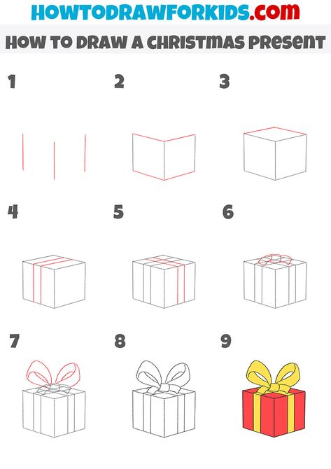 how to draw a christmas present step by step How To Draw A Christmas Present, How To Draw Presents, How To Draw A Present, Easy To Draw Christmas Pictures, Christmas How To Draw, Step By Step Drawing Christmas, Christmas Drawings Easy Step By Step, Present Drawing Easy, Step By Step Christmas Drawings