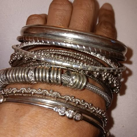 Silver tone bangle bracelets Chunky Bracelets Silver, Chunky Silver Bangle, Chunky Silver Bracelets, Silver Bangle Stack, Silver Jewelry Chunky, Silver Summer Jewelry, Silver Maximalist Jewelry, Stacked Silver Jewelry, Silver Aesthetic Jewelry