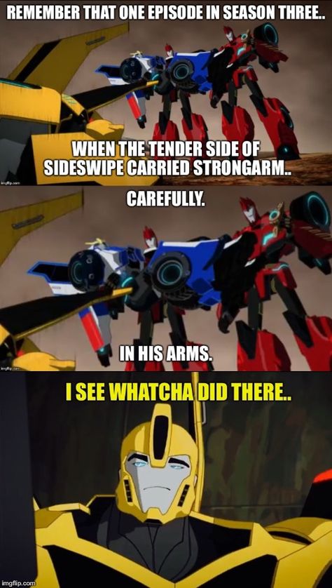 The tender side of Sideswipe has been revealed!! Transformers Robots In Disguise Sideswipe, Sideswipe X Strongarm, Strongarm X Sideswipe, Transformers Knights, Sideswipe Transformers, Funny Transformers, Transformers Rid, Transformers Starscream, Transformers Memes