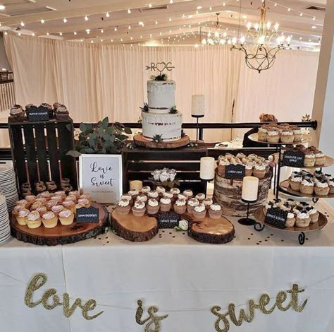 Crate Desert Table, Desert Options For Wedding, Food Table At Wedding Reception, Dessert Table With Crates, Wedding Cake Dessert Ideas, Wedding Dessert Table Decoration Ideas, October Wedding Dessert Table, Nothing Bundt Wedding Cake Display, Snack Table At Wedding