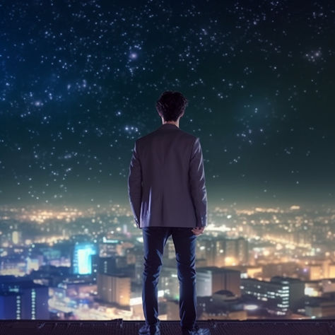 one 40 years old handsome korean gentle man is standing on the roof of a building looking at the city view at night, 4K, stardust, high quality Man Standing Back View, View At Night, Gentle Man, Handsome Korean, Small Buildings, Man Standing, Future City, Character Designs, Diy Art Painting