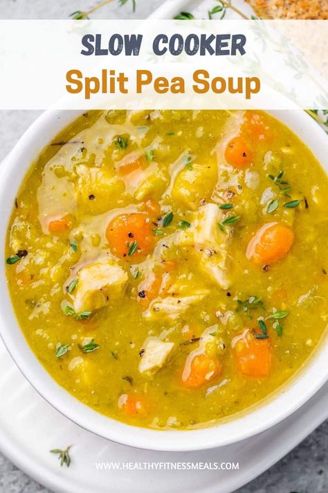 Slow Cooker Split Pea Soup with chicken is the perfect comfort food to warm you up. You and your family are going to love this meal! Chicken Split Pea Soup, Crockpot Pea Soup, Split Pea Soup With Chicken, Crock Pot Split Pea Soup With Ham, Slow Cooker Pea Soup, Split Pea Soup Instant Pot, Crockpot Split Pea Soup, Pea Soup Crockpot, Yellow Split Pea Recipe