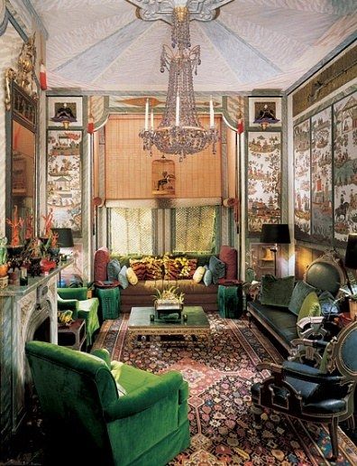 Design Legends: Tony Duquette Photos | Architectural Digest Tony Duquette Interiors, Vintage Maximalist Decor, Burgundy Living Room, Tony Duquette, Maximalist Interior, Decor 2024, Maximalist Decor, Green Rooms, Chandelier Design