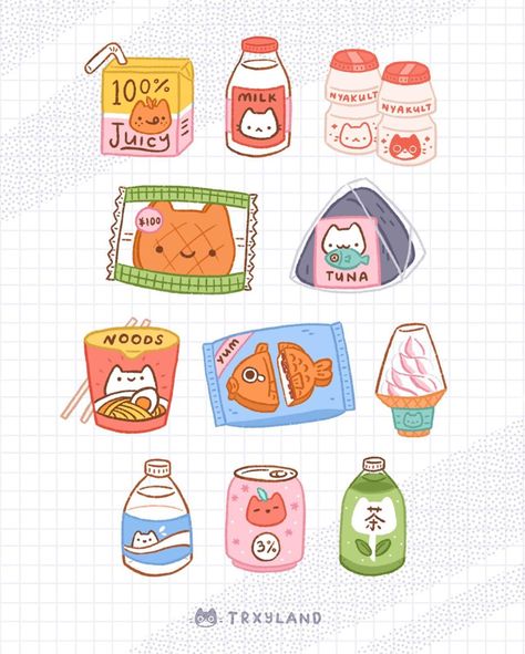 Some snacks from the neighborhood Cat Konbini 🍙🍜🍦 What's your favorite Japanese snack or drink? If I had to choose, I'd say taiyaki ice-… Japanese Snacks Drawing, 심플한 그림, Drink If, Custard Pudding, Cute Snacks, Cute Food Art, 카드 디자인, Sticker Template, Food Stickers