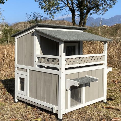 PRICES MAY VARY. 🐱【2-STORY CAT SHELTER OUTDOOR】Two rooms for multi cats to play and rest apartly, and win a better view when highly stand. Ample space for small cats or large cats to play together.Cats playground would be for winter. Warm insided and keep dry outside the door even a rainy day! 🐱【STYLISH CROSS DESIGNED BALCONY】You will find the cat shelter with nice designed different with others outdoor cat house, the cross shape balcony make it look better than normal. We thought the feral ca Cat House Outdoor Target, Outdoor Cat House Walmart, Build Outdoor Cat House, Outdoor Cat House With Heat Lamp, Outdoor Cat Shelter, Feral Cat Shelter, Feral Cat House, Wooden Cat House, House With Balcony