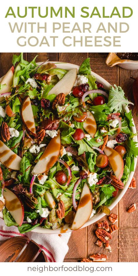 Salads Fall, Harvest Salad Recipes, Roasted Pear Salad, Maple Balsamic Dressing, Maple Dressing, Pear Salad Recipes, Autumn Salad Recipes, Thanksgiving Gathering, Creamy Goat Cheese