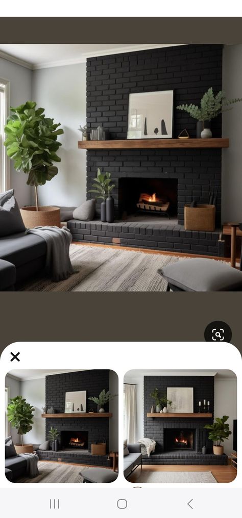 Black Fireplace Styling, Black Roman Clay Fireplace, Family Room Decor, Black Brick Fireplace, Fireplace Styling, Black Fireplace, Black Brick, Tv Wall Design, Family Room Decorating