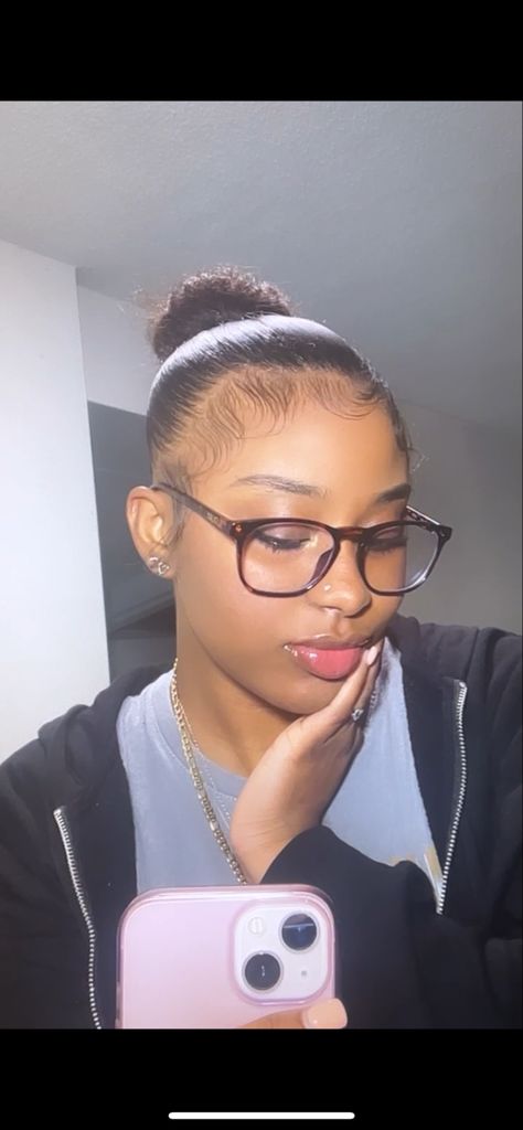 Black girl slick bun and glasses Small Slick Back Bun, Slick Back Small Bun Natural Hair, Small Bun Black Women, Hairstyles For Slick Back, Sleek Back Natural Hairstyle, Slick Back With Extensions, Clean Girl Bun Black Women, Slick Bun Natural Hair Black Women, Slick Back Bun With Hat