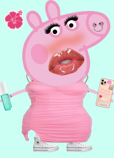 Peppa is the Badist Baddy ever! Preppy Peppa Pig Photos, Peppa Pig Front View, Preppy Cartoon Character, Peppa Pig Baddie, Peppa Pig Random, Slay Peppa, Peppa Pig Aesthetic, Baddie Peppa, Daddy Pig Peppa