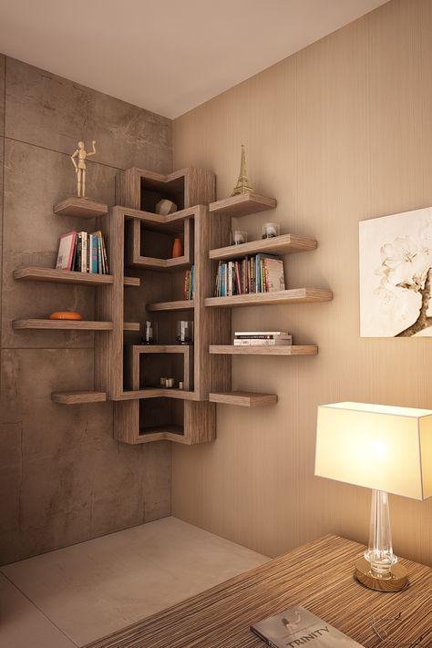 corner shelf Side Shelf Corner Shelves, Unique Corner Book Shelves, Corner Bookshelf Design, Unique Wall Shelves For Corner, Corner Wall Design, Protruding Corner Shelf, Corner Trophy Shelf, Corner Shelves Bedroom, Modern Rustic Corner Shelf