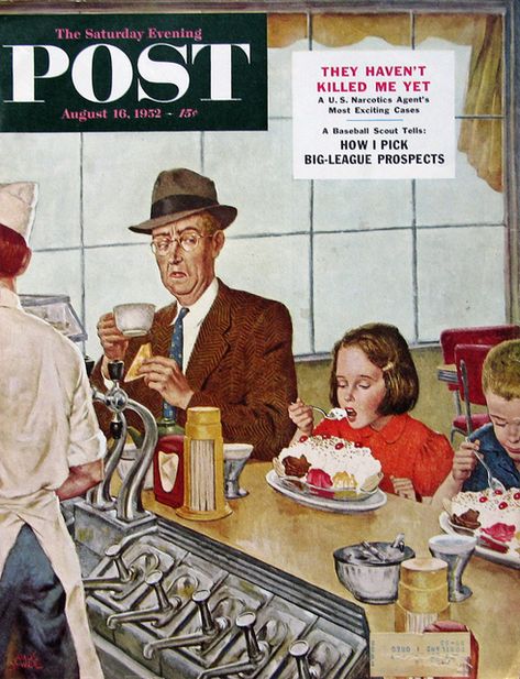 "Banana Split," 1950s Saturday Evening Post magazine cover illustration by artist Amos Sewell | Retro Reveries  #RetroReveries #1950s #saturdayeveningpost #midcentury #nostalgia Saturday Evening Post Covers, Norman Rockwell Art, Saturday Evening Post, Evening Post, People Eating, Marmont Hill, Banana Split, Norman Rockwell, Vintage Magazines