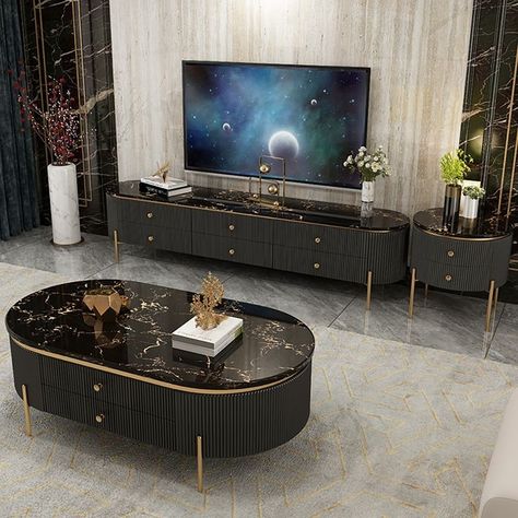 Tv Lounge Design, Gold Tv Stand, Coffee Table And Side Table Set, Blinds For Windows Living Rooms, Modern Tv Room, Black Tv Stand, 80s Interior, Tv Stand Decor, White Tv Stands