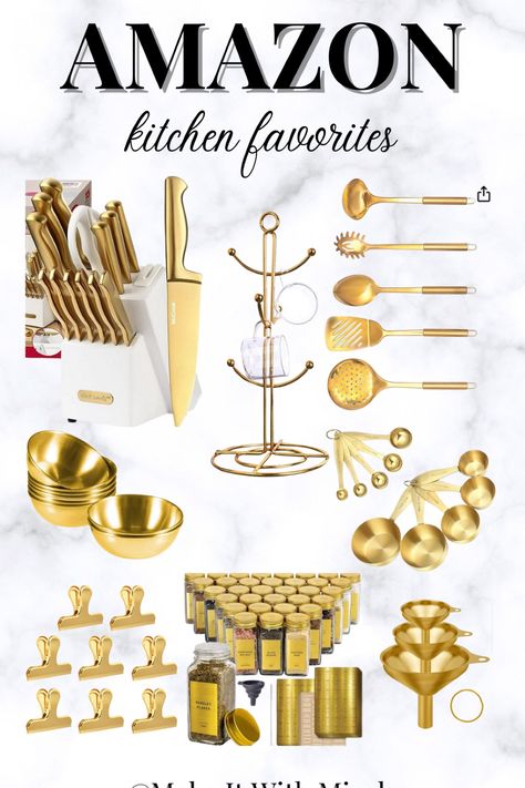 Old Money Kitchen, Gold Kitchen Utensils, Kitchen Checklist, Amazon Kitchen Finds, Royal Kitchen, Gold Kitchen Accessories, Kitchen Decor Collections, Black Kitchen Decor, Glam Kitchen