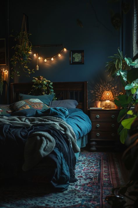 Vibey Room Aesthetic Cozy Dark, Dark Paint For Bedroom, Moody Teal Bedroom, Room Decor Bedroom Dark, Cozy Dark Home, Bedroom Inspiration Dark, Bedroom Ideas Dark Colors, Blue Moody Bedroom, Blue Wall Bedroom Ideas