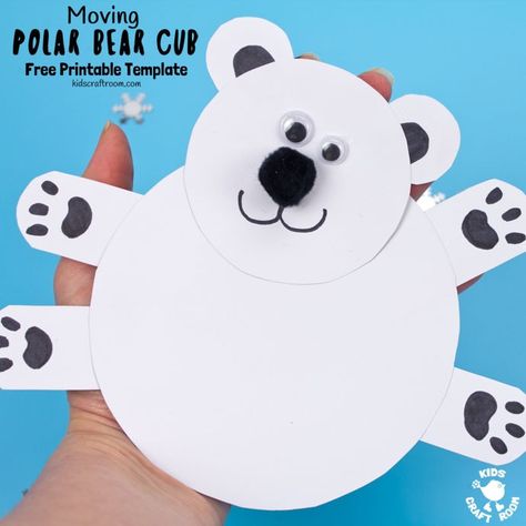 This Moving Polar Bear Cub Craft is just darling! Cradle it in your hands and move its head from side to side to bring it to life. It is so cute! Such a fun Winter craft for kids. (Free Printable Template) #kidscraftroom #kidscrafts #polarbears #polarbear #printables intercrafts #wintercraftsforkids #papercrafts #printables #printablecrafts #freeprintables #freeprintablesforkids #kidsactivities via @KidsCraftRoom Polar Bear Craft Preschool, Polar Bear Winter Craft, Bear Crafts Preschool, Arctic Animals Preschool, Winter Animal Crafts, Winter Crafts For Toddlers, Bear Template, Polar Bear Craft, Bear Craft