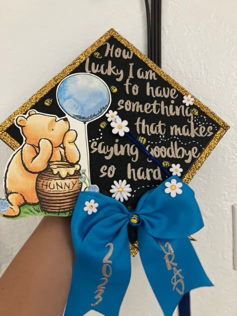 Grad Cap Winnie The Pooh, Winnie The Pooh Graduation Cap Ideas, Grad Cap Ideas Winnie The Pooh, Graduation Cap Designs Winnie The Pooh, Disney Inspired Graduation Caps, Bluey Graduation Cap Ideas, Highschool Grad Cap Ideas, Winnie The Pooh Graduation Cap, College Caps