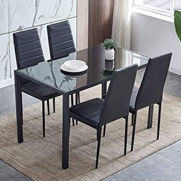 Modern Dining Table Black, Kitchen Table Sets, Leather Kitchen Chairs, Rectangular Dining Room, Rectangular Dining Room Table, Contemporary Dining Sets, Modern Kitchen Tables, Living Room Restaurant, Faux Leather Dining Chairs