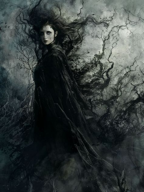 Immerse yourself in the eerie beauty of Norse mythology with this haunting depiction of Hel, the goddess of the underworld. Cloaked in darkness, her gaze pierces through a storm of shadows and twisted branches, embodying the raw power and mystery of the realm she commands. As the daughter of Loki, Hel rules the land of the dead.    #HelGoddess #NorseMythology #GoddessOfDeath #NorseUnderworld #VikingLegends #MythicalArt #DarkFantasy #UnderworldQueen Hel Goddess Art, Hel Goddess Tattoo, Underworld Greek Mythology, Witch's Grimoire, Storm Goddess, Goddess Hel, Hel Goddess, Nyx Goddess, Twisted Branches