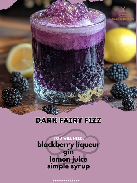 🧚‍♀️✨ Dive into the magical world of mixology with our enchanting Dark Fairy Fizz! 🍹✨ Unleash your inner sorcerer in the kitchen and whip up a potion that will captivate your taste buds. Dark Fairy Fizz Ingredients: - 1.5 oz blackberry liqueur - 1 oz gin - 0.5 oz lemon juice - 0.5 oz simple syrup - 1 egg white - Ice cubes - Edible glitter for garnish Instructions: 1. In a cocktail shaker, combine blackberry liqueur, gin, lemon juice, simple syrup, and egg white. 2. Shake vigorously without... Fairy Cocktails, Fantasy Cocktails, Dnd Drinks, Potion Cocktails, Witchy Tea, Dark Liquor, Themed Cocktails, 21 Bday, Embrace The Darkness