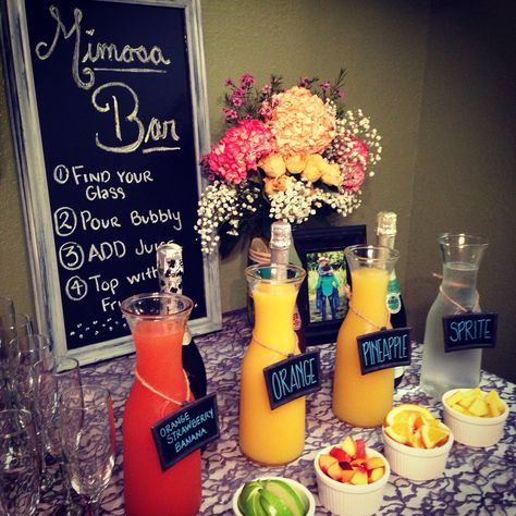 Mimosa bar for my best friends Bridal Shower! Bridal Brunch Ideas Bridesmaid Luncheon Mimosa Bar, Wedding Morning Mimosa Bar, Wedding Getting Ready Mimosa Bar, Wedding Morning Breakfast Ideas Mimosa Bar, Bridal Shower Mimosa Bar Signs, Engagement Brunch, Brunch Catering, Brunch Party Decorations, Ducky Baby Shower