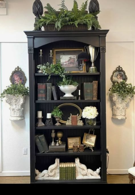 Decorating Top Of Bookcase, Dark Bookshelf Styling, How To Style A Hutch, Styling A Bookshelf, Vintage Shelf Decor, Styling A Bookcase, Styling Bookshelves, Black Bookcase, Shelf Decor Living Room