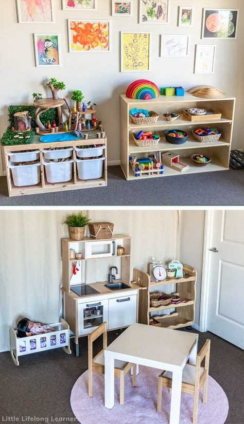 Find ideas for toy rotation systems and storage ideas for spaces big and small. Whether you sort your toys by categories or in a weekly rotation system, you'll find easy ideas in this post! Toy Rotation Storage, Toy Room Storage, Toy Rotation, Toy Clutter, Small Playroom, Montessori Playroom, Baby Playroom, Montessori Room, Kids Playroom Decor