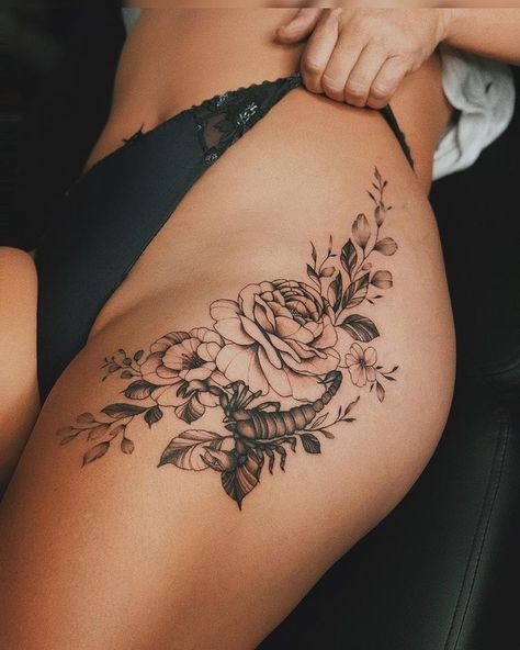 Scorpio Zodiac Tattoos, Infected Tattoo, Happiness Tattoo, Kiss Tattoos, Flower Thigh Tattoos, Scorpio Tattoo, Scorpion Tattoo, Hip Tattoos Women, Geniale Tattoos