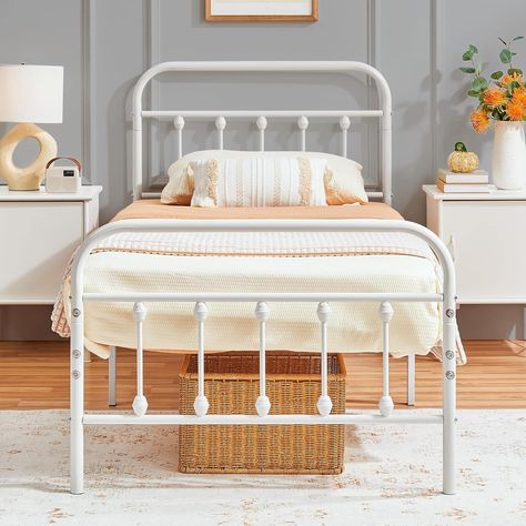 Yaheetech 3ft Single Bed Frame Vintage Iron Platform Bed with High Headboard and Footboard, Strong Metal-Framed Bed with Storage White Cama Ikea, Victorian Bed, Iron Bed Frame, Bed Platform, Full Size Bed Frame, Single Bed Frame, Slatted Headboard, Style Bed, Queen Size Bed Frames