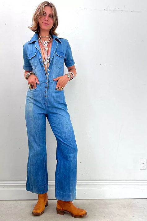 Vintage Denim Jumpsuit Selected by Anna Corinna | Free People 70s Denim Jumpsuit, Overalls Outfit Aesthetic, Denim Overalls Outfit, Jumpsuit 70s, Denim Jumpsuit Outfit, Jean Jumpsuit, 70s Denim, Overalls Outfit, Jumpsuit Outfit