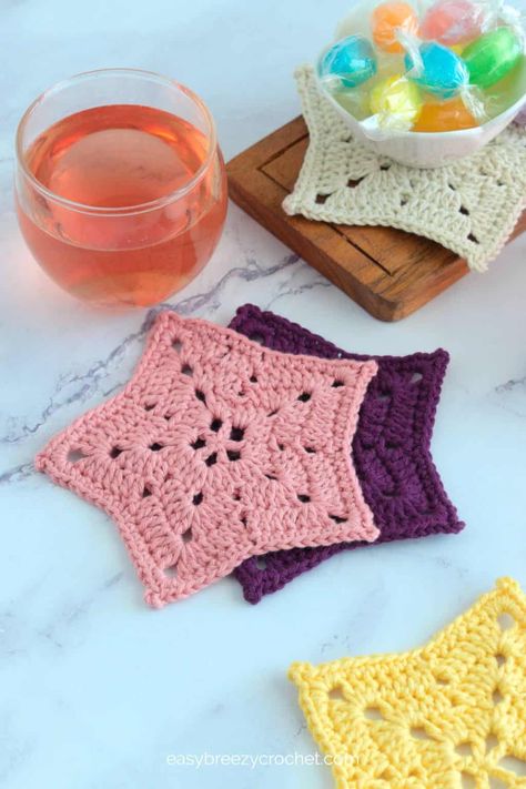 Crochet Star Coaster | Easy Breezy Crochet Crochet Star Coasters Free Pattern, Crochet Coasters Easy, Star Coaster Crochet Pattern, Crochet Star Coaster, Easy Crochet Coasters, Crochet Coaster Patterns, Crochet Star Blanket, Coaster Crochet Pattern, Garlands Christmas