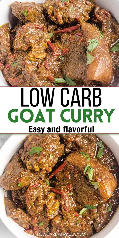 An easy and flavorful low carb goat curry will become your new favorite dish! Tender chunks of meat with veggies is a delightful blend of aromatic spices to create one super delicious dish. Goat Curry Recipes, Goat Curry, Low Carb Indian Food, Curried Goat Recipe, Low Carb Curry, Curry Goat, Goat Recipes, Carribean Food, Goat Meat