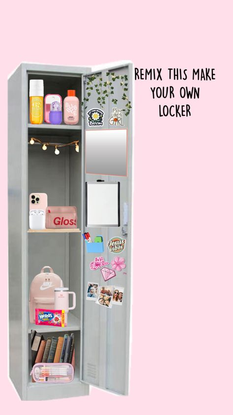 #locker #remix Aesthetic Locker Decor, Aesthetic Locker, School Locker Organization, School Locker Decorations, Middle School Lockers, Locker Ideas, School Backpack Essentials, Middle School Life, Locker Organization