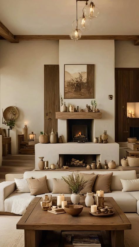 Large Living Room Layout, Peaceful Interior, Open Space Living Room, Tan Living Room, Spanish Home Decor, Earthy Home Decor, Modern Rustic Living Room, Earthy Home, Sleek Furniture