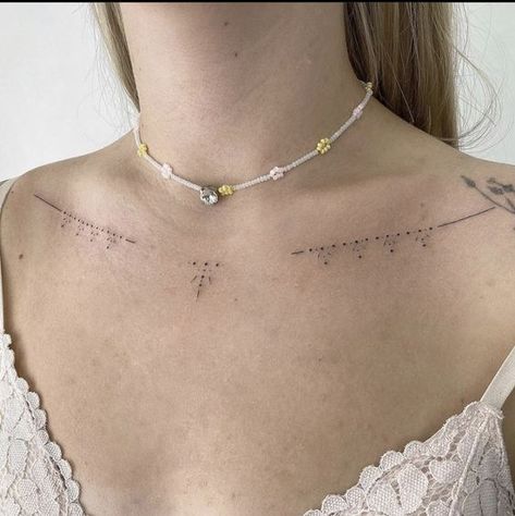 Sternum And Collarbone Tattoo, Collarbone Line Tattoo, Collarbone Ornamental Tattoo, Ornamental Collarbone Tattoo, Delicate Chest Tattoo, Ornamental Collar Bone Tattoo, Delicate Chest Tattoo Female, Ornamental Chest Tattoo, Collarbone Tattoos For Women