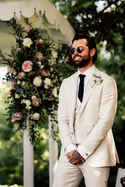 Groom in Cream Wedding Suit and Sunglasses Groom Suit Summer, Men Linen Suit, Preston Court Wedding, Linen Wedding Suit, Groom Tuxedo Wedding, Costume Beige, Tuxedo Prom, Summer Wedding Suits, Wedding Outfit For Boys