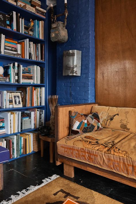 Tour a designer couple's handcrafted NYC Chinatown apartment - Vogue Australia Painted Bookshelves, Emily Adams, Manhattan Apartment, Wooden Wall Panels, Building Furniture, Downtown Manhattan, How To Dress A Bed, Room Stuff, Green River