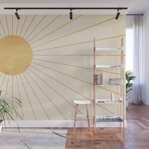 Accent Wall Yellow Bedroom, Sunshine Accent Wall, Sun Inspired Room, Diy Sun Mural, Sun Accent Wall, Sun Themed Room, Yellow Wall Design, Sun Mural Wall, Sun Wall Painting