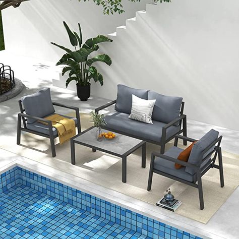 Amazon.com: Soleil Jardin 4-Piece Aluminum Outdoor Patio Furniture, Patio Conversation Sofa Set with Removable Cushions, Tempered Glass Top Coffee Table, Dark Grey Finish & Grey Cushion : Patio, Lawn & Garden Scandinavian Porch, Conversation Sofa, Grey Cushion, Aluminum Patio Furniture, Glass Countertops, Sectional Furniture, Porch Furniture, Outdoor Patio Furniture Sets, Aluminum Patio