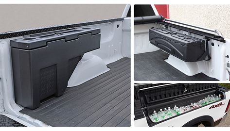 Pickup Truck Storage Ideas, Pickup Bed Storage Ideas, Pickup Truck Bed Ideas, Truck Bed Storage Ideas, Cool Storage Ideas, Truck Storage Ideas, Work Truck Storage, Truck Bed Storage Box, Campfire Meals