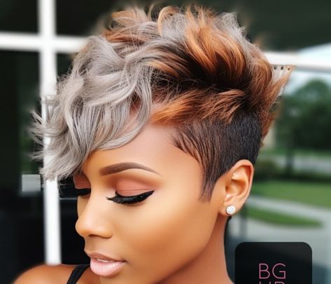 Blonde Highlights Pixie Haircut Black Women, Short Hair And Color, Blonde 27 Piece Quick Weave Black Women, 27 Piece Quick Weave Hairstyles Blonde, Black And Blonde Balayage, 27 Piece Mohawk Quick Weave, Rose Gold Pixie Haircut Black Women, Quick Weave Styles Black Women, Blonde Pixie Wig For Black Women